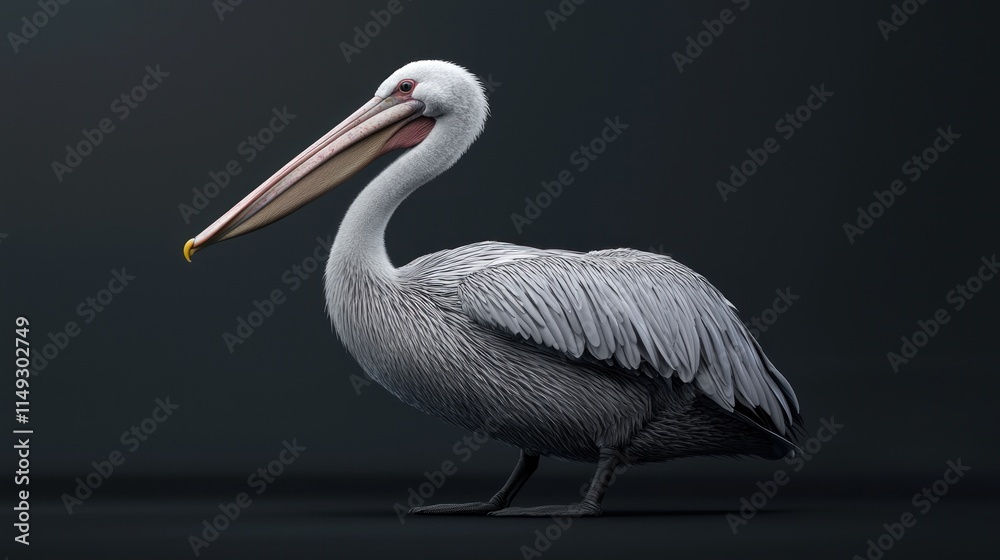 Detailed Image of a Pelican Showcasing Full Body with Prominent Features Against a Dark Background Detailed Image of a Pelican Showcasing Full Body with Prominent Features Against a Dark Background