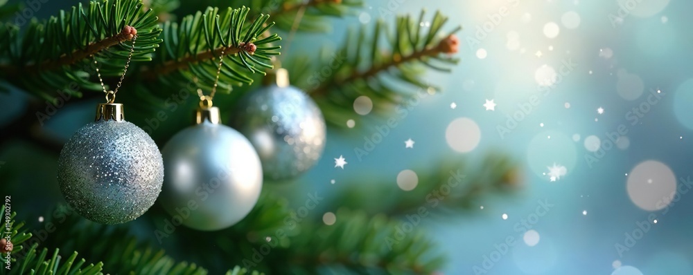 Obraz premium Sparkling silver ornaments on a green fir branch, silver, xmas, evergreen