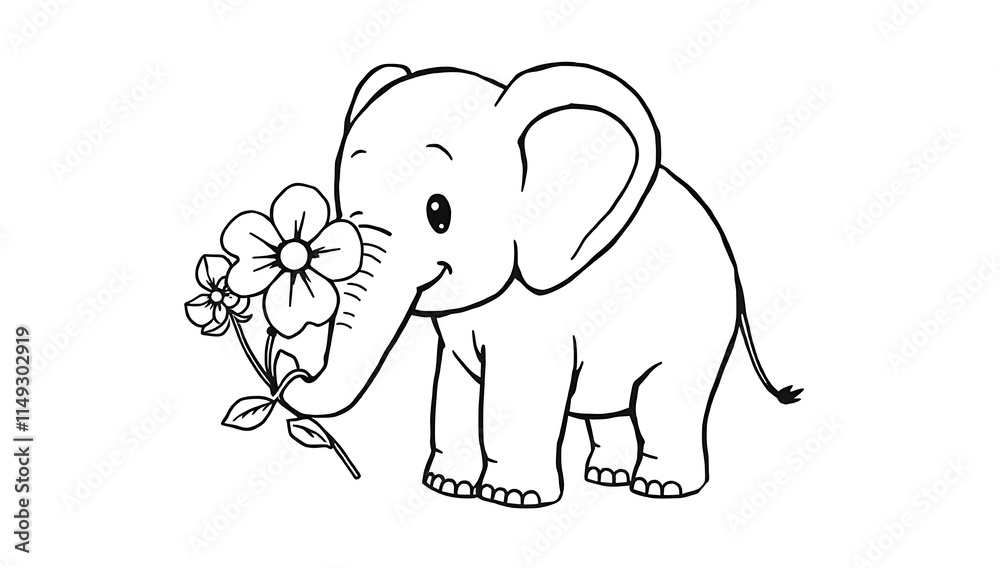 Fototapeta premium “Chubby Elephant with a Flower in Its Trunk Outline Only, No Fill Color, Thicker Line” – A doodle of a chubby elephant holding a flower in its trunk, outlined in thick lines with no fill color on a wh