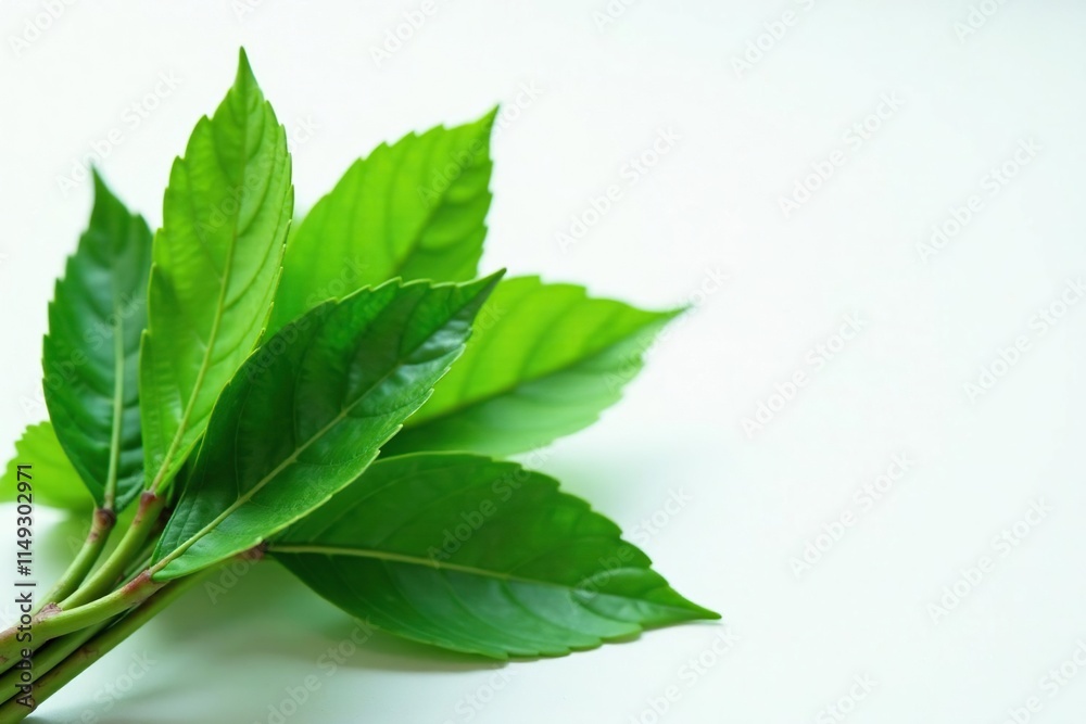 Fototapeta premium bunch of wild green leaves on a clean white surface, , greenery