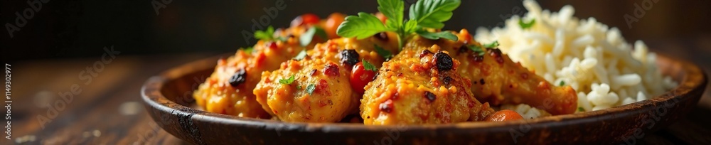 Chicken malai tikka on a wooden tray with a side of basmati rice and naan bread, chef created, gourmet meal Chicken malai tikka on a wooden tray with a side of basmati rice and naan bread, chef created, gourmet meal