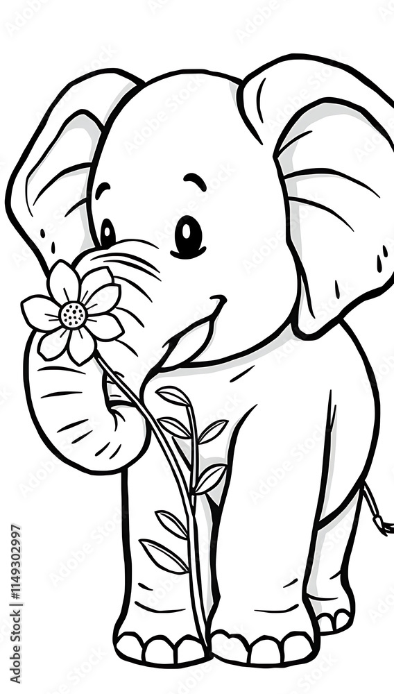 Fototapeta premium “Chubby Elephant with a Flower in Its Trunk Outline Only, No Fill Color, Thicker Line” – A doodle of a chubby elephant holding a flower in its trunk, outlined in thick lines with no fill color on a wh