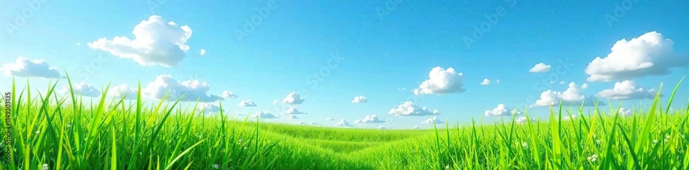 Obraz premium The vibrant green grass sways gently in the breeze beneath a clear blue sky with scattered white clouds, nature, blue sky