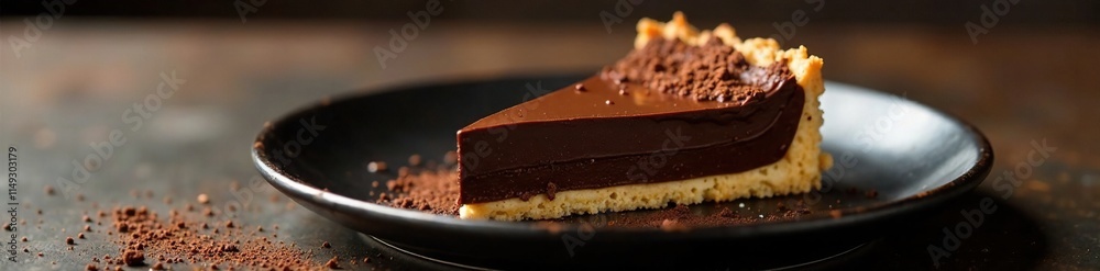Dark and mocha-flavored chocolate tart in a black ceramic plate, luxurious, flavor, fine dining Dark and mocha-flavored chocolate tart in a black ceramic plate, luxurious, flavor, fine dining