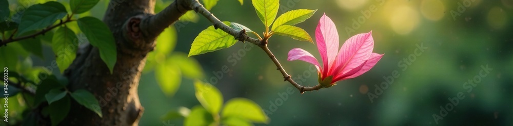 Vibrant pink petals unfold from the leafy stem of an elegant flowering plant under a old tree, leaves, stems Vibrant pink petals unfold from the leafy stem of an elegant flowering plant under a old tree, leaves, stems