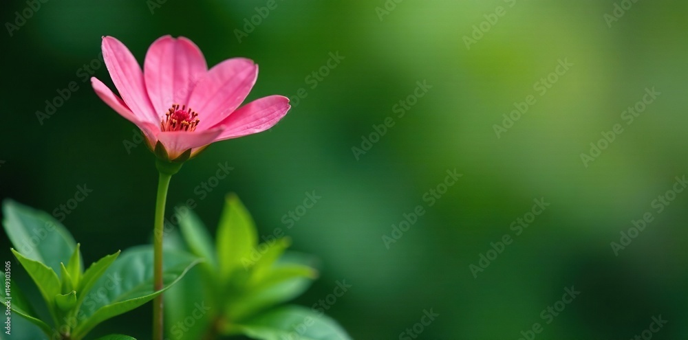 Delicate pink flower blooms on a slender green stem with lush foliage, stem, garden, botanical Delicate pink flower blooms on a slender green stem with lush foliage, stem, garden, botanical