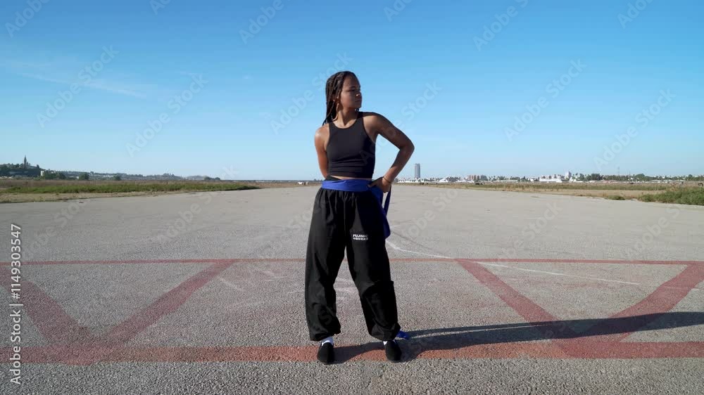 Chica luchadora en artes marciales entra en la escena de un paisaje infinito y minimalista de una pista de aterrizaje, se pone el cinturón, hace ejercicios de estiramiento y se pone en guardia.