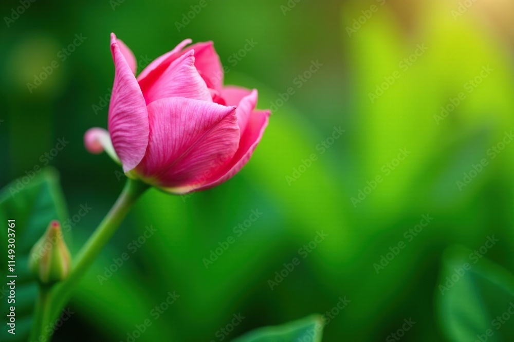 Elegant pink flower unfurls its petals on a slender green stem with lush green leaves, garden, plant life Elegant pink flower unfurls its petals on a slender green stem with lush green leaves, garden, plant life