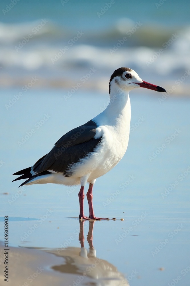 Eine Eiderente beobachtet die Wellen am Strand, waddling bird, coastal bird watching, seashore wildlife Eine Eiderente beobachtet die Wellen am Strand, waddling bird, coastal bird watching, seashore wildlife