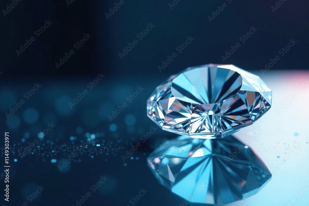 Faceted clear round diamond on a modern dark blue glass table, sparkle, shine, diamond Faceted clear round diamond on a modern dark blue glass table, sparkle, shine, diamond