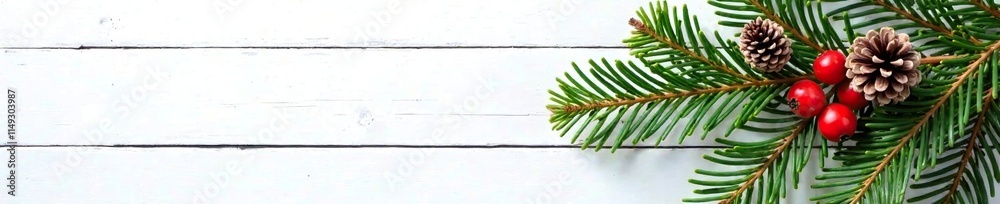 Obraz premium Fir branch with berries and cones on a white wooden background, winter, coniferous