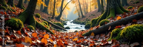 Forest floor with fallen leaves and branches in autumn near the Mechka River source, forest floor, undergrowth photo