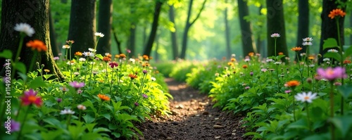 Ferns and wildflowers blooming on a forest trail in spring season, wildflowers, dailygreenlife, fern photo