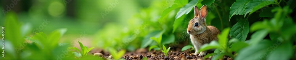 Fototapeta premium A small fluffy bunny peeking out from behind a large leafy green shrub, forest floor, cute