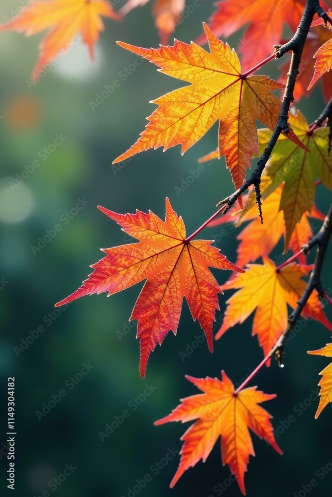 Frosty maple branches with vibrant autumn colors, green, maple, orange Frosty maple branches with vibrant autumn colors, green, maple, orange