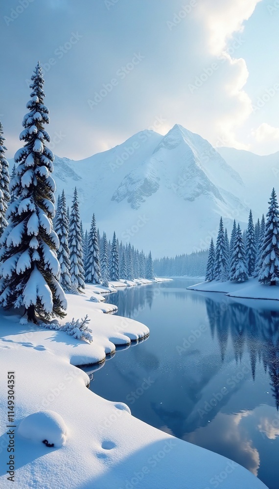 Fototapeta premium Alaskan winter landscape with snow-covered trees and a frozen lake, frosty, winter