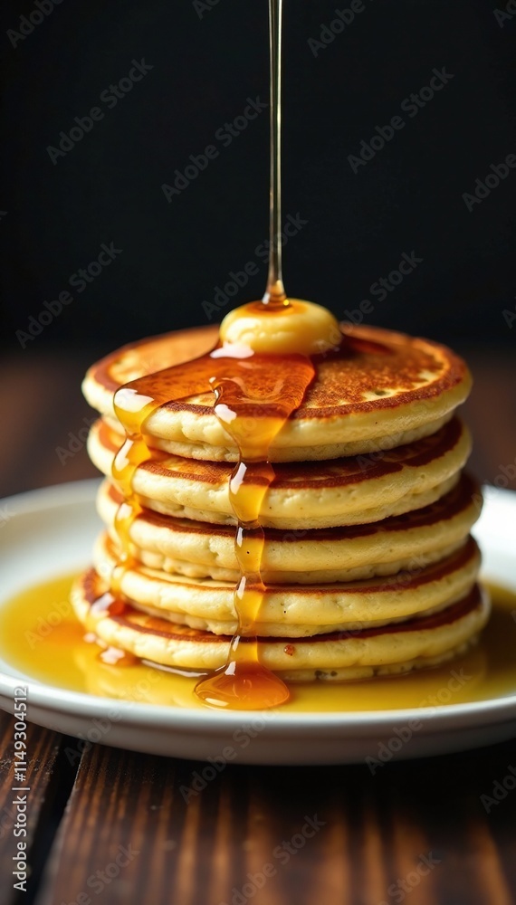 golden brown pancakes stacked high on a plate with a honey drizzle, stacked, pancakes