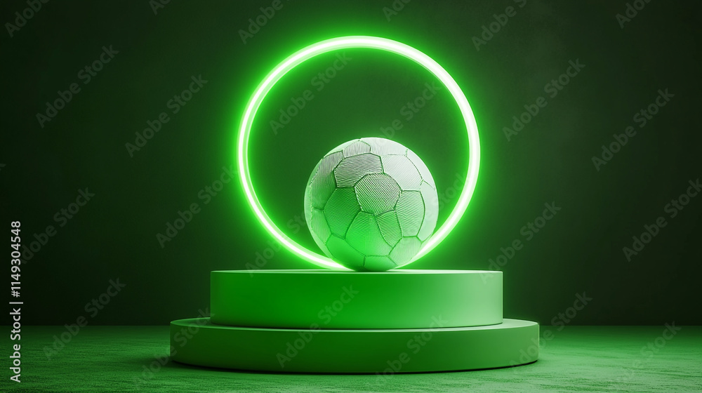 Fototapeta premium Creative soccer ball display with neon green lighting on a circular pedestal.