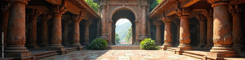 Naklejka premium Grand entrance of an ancient temple leading to the Hanging Gardens, architectural details, grand entrances, arches