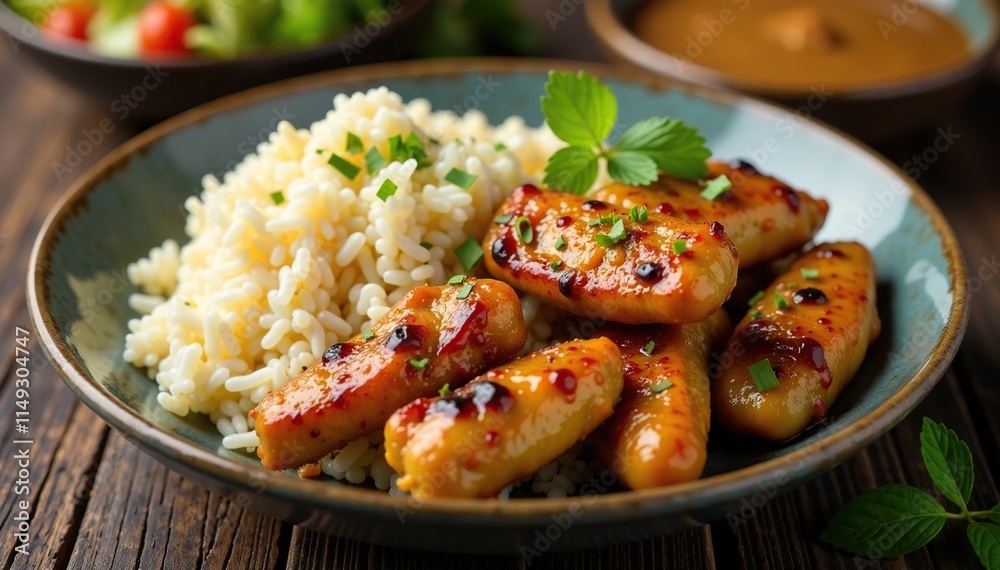 Chicken satay with steamed jasmine rice and peanut sauce in a shallow bowl, garnish, condiment Chicken satay with steamed jasmine rice and peanut sauce in a shallow bowl, garnish, condiment