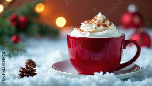 Hot chocolate in a festive red mug on a winter wonderland background, winter wonderland, coffee