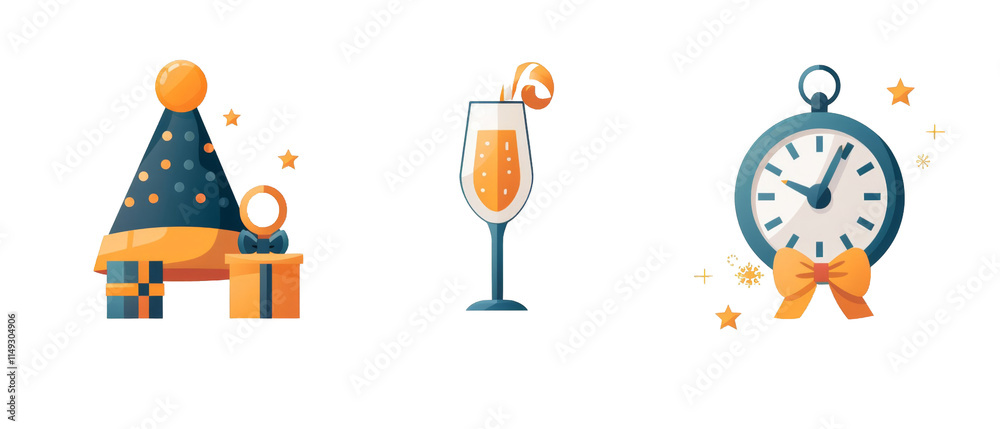 Festive New Year icons party hat, champagne, clock. Festive New Year icons party hat, champagne, clock.