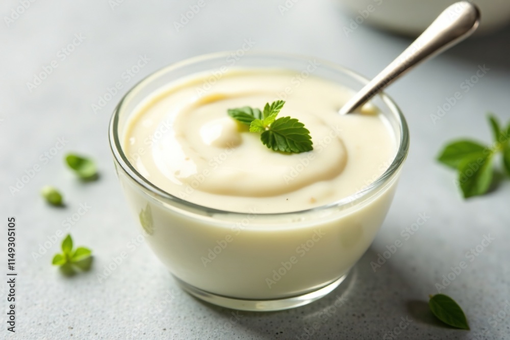 Creamy white mayonnaise sauce in a glass saucer on a light background, with a simple utensil and garnish, homemade, condiment Creamy white mayonnaise sauce in a glass saucer on a light background, with a simple utensil and garnish, homemade, condiment