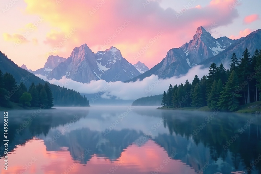Misty morning over forest and lake with towering mountain peaks, mist, mountains Misty morning over forest and lake with towering mountain peaks, mist, mountains