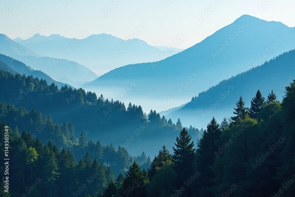 Obraz premium Misty forest with blue fog rolling in behind a mountain range, misty forest, serene