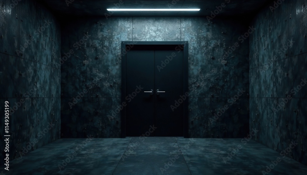 Obraz premium Darkened room with black steel door in the center, ominous entrance, isolated area, dark interior