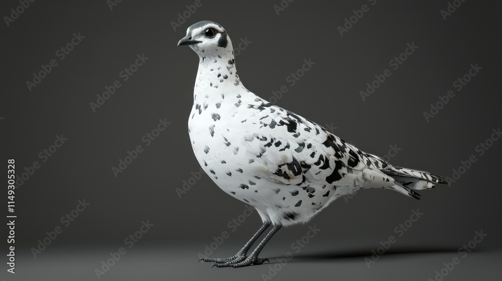 Elegant white bird with black spots in a dramatic pose, showcasing its unique and striking plumage against a dark background Elegant white bird with black spots in a dramatic pose, showcasing its unique and striking plumage against a dark background