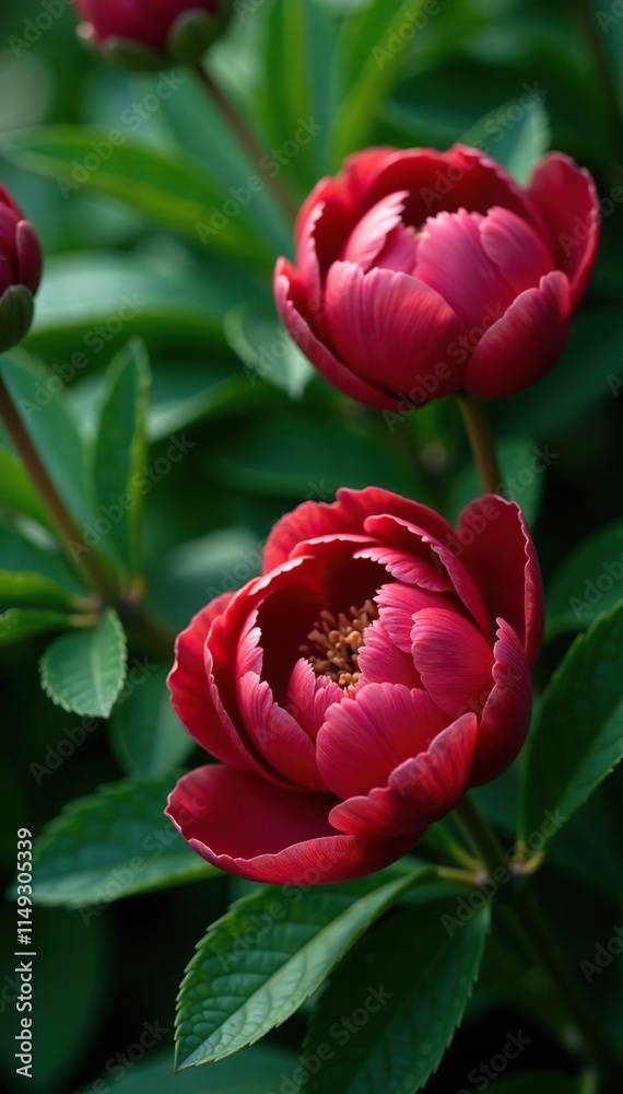 Delicate red peony blooms amidst lush green foliage, bouquet, nature, delicate Delicate red peony blooms amidst lush green foliage, bouquet, nature, delicate