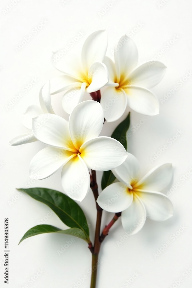 Naklejka premium Delicate white plumeria flowers isolated on a white background, blossom, white, clean