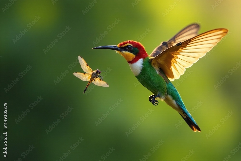 Fototapeta premium Perched bee eater in mid-air capture of a dragonfly, Swift Strike, Avian Hunt