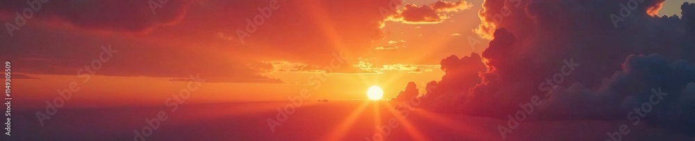 Fototapeta premium Dramatic clouds against a vibrant sunset sky with deep oranges and reds, vibrant, golden