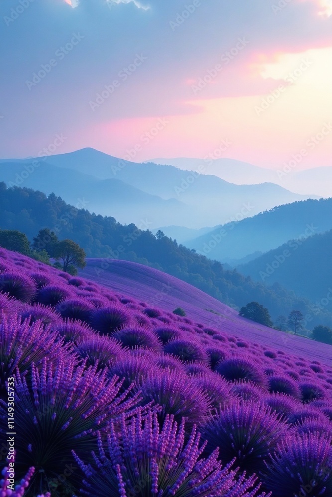 Rolling hills of lavender with misty fog enveloping the landscape, hills, blue smoke, landscape Rolling hills of lavender with misty fog enveloping the landscape, hills, blue smoke, landscape