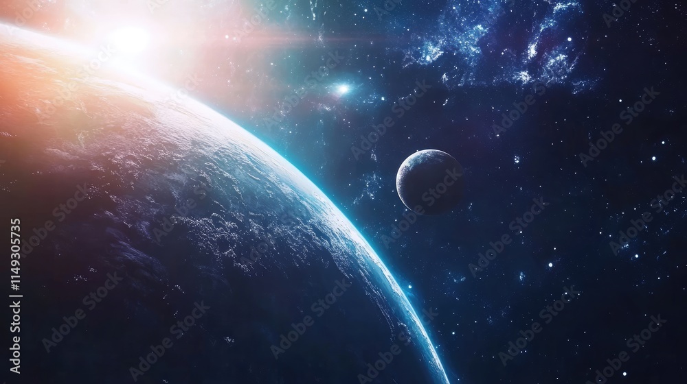 Fototapeta premium Space background with planets. Panoramic view of the planets. 3d illustration