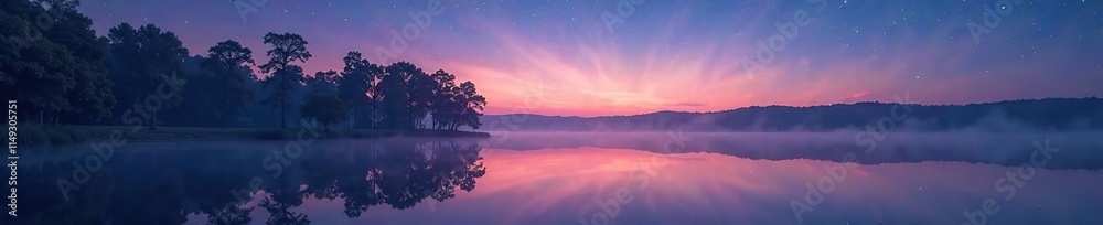Fototapeta premium Row of trees reflected in calm lake water under starry sky at twilight, silvery light, misty ambiance
