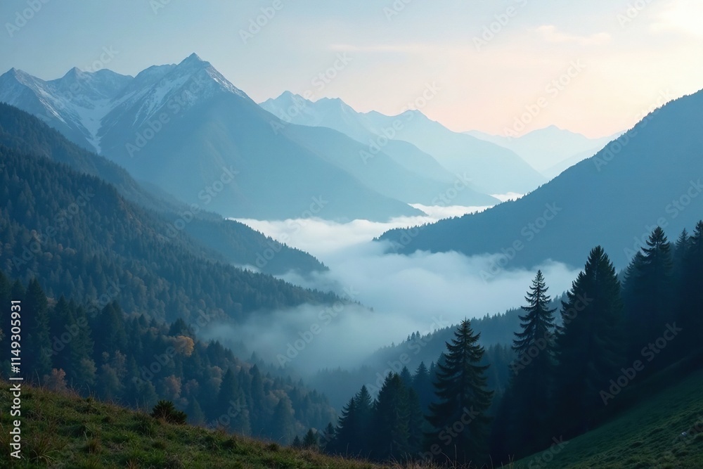 Fototapeta premium Foggy mountain landscape with misty valley and eerie trees, foggy mountains, serene, mystical