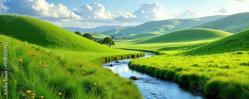Serene rolling hills with a meandering stream, meadow, stream