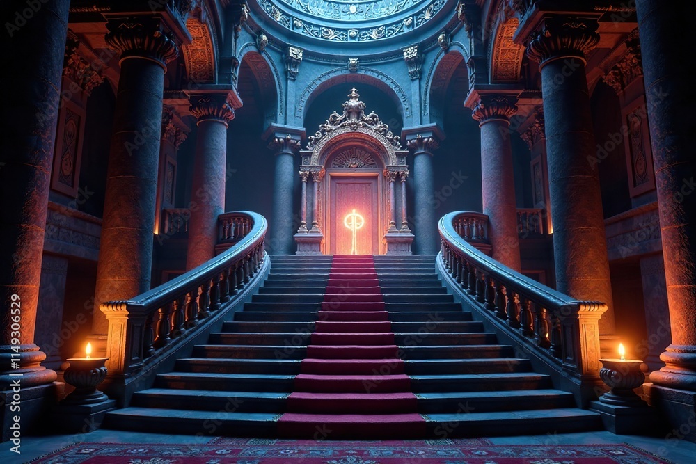 Obraz premium Grand staircase leading to a mysterious altar, intricate carvings, altar, mystical energy