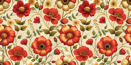 A vibrant floral pattern featuring bold red poppies and delicate greenery, evoking a romantic and cheerful atmosphere.