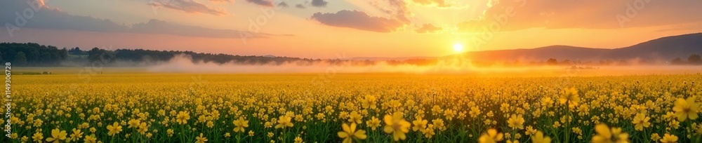 Obraz premium Landscape of a canola field at sunrise with mist, landscape photography, oilseed, landscape photography