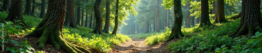 Fototapeta premium Twisted coniferous trees surround deciduous tree trunks, foliage, forest floor, trees