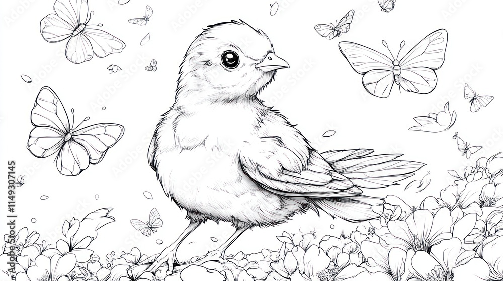 Fototapeta premium Playful Cartoon Quail chasing Butterflies - Coloring Book Illustration for Kids
