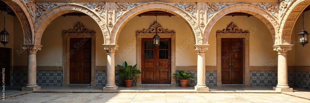 Ornate arches in a historic Spanish courtyard with ornate tile work and stonework, Spanish, classical Ornate arches in a historic Spanish courtyard with ornate tile work and stonework, Spanish, classical