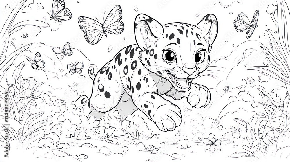 Naklejka premium Playful Ocelot Chasing Butterflies - Cartoon Coloring Book Page for Kids