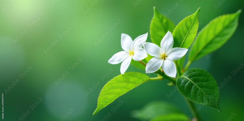 A sprig of white jasmine with leaves and stems, white flowers, leafy green