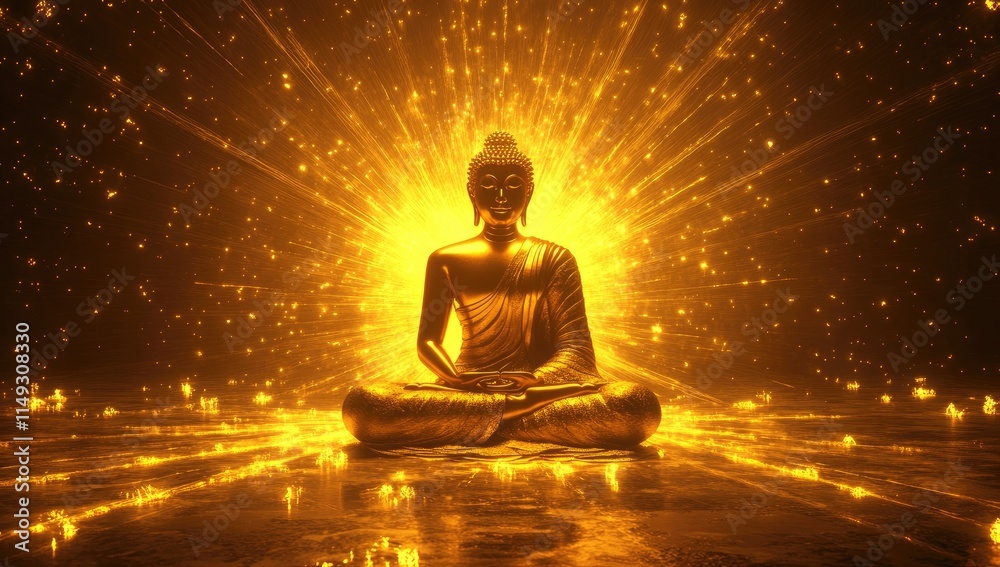 A golden Buddha statue, sitting in a lotus position, with glowing light rays emanating from it A golden Buddha statue, sitting in a lotus position, with glowing light rays emanating from it