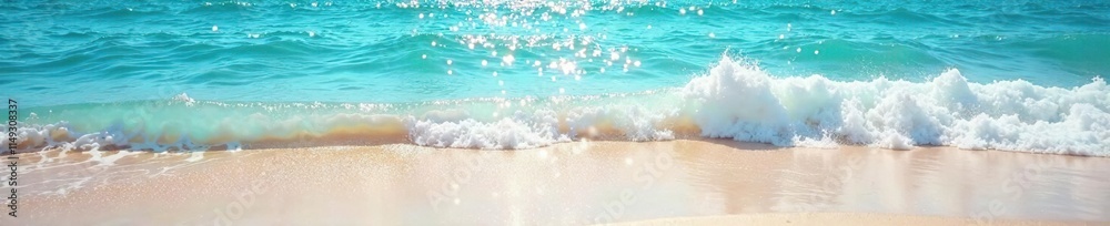 Fototapeta premium Calm blue waters reflecting sunlight as waves roll onto the sandy beach, water, beach